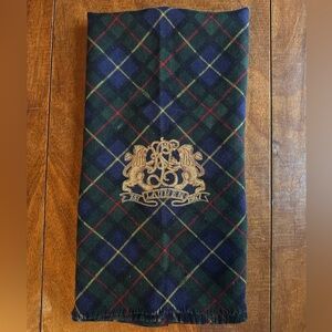 Vintage Ralph Lauren Wool Blend Plaid Crest Scarf Green Navy Tartan RL Crest